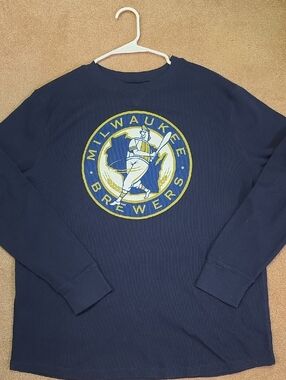 Hanes Navy Long-Sleeve Crewneck with Yellow & White Brewers Logo
